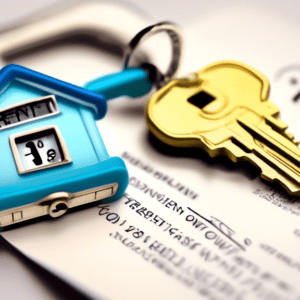 A house key with a countdown timer on its keychain, resting on a contract titled Rent-to-Own Agreement.