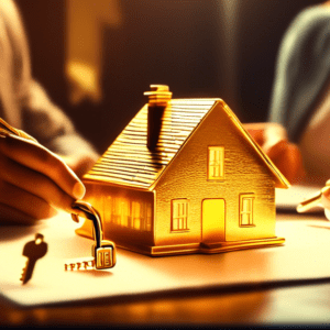 A family signing a contract with a key on the table shaped like a house, glowing with golden light, representing the hope of homeownership.