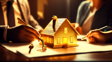 A family signing a contract with a key on the table shaped like a house, glowing with golden light, representing the hope of homeownership.