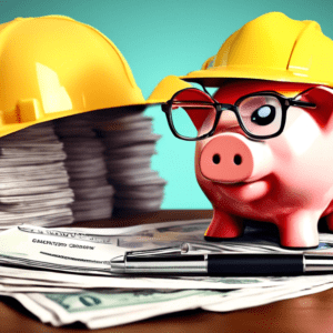 A piggy bank wearing a construction hat sitting on top of a stack of money with a contract titled Rent-to-Own Agreement and a magnifying glass inspecting the fine print.