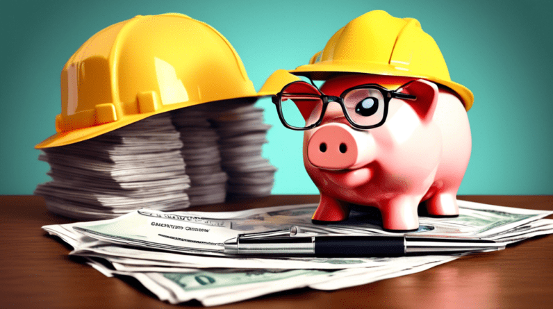 A piggy bank wearing a construction hat sitting on top of a stack of money with a contract titled Rent-to-Own Agreement and a magnifying glass inspecting the fine print.