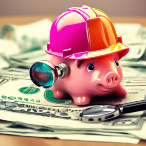 A piggy bank wearing a construction hat, sitting on a contract titled Rent-to-Own Agreement with dollar bills and a magnifying glass on top of it.