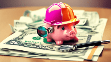 A piggy bank wearing a construction hat, sitting on a contract titled Rent-to-Own Agreement with dollar bills and a magnifying glass on top of it.