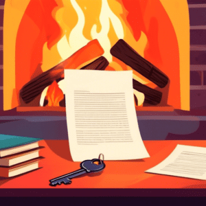 A contract burning in a fireplace with a key sitting on the mantle above it.