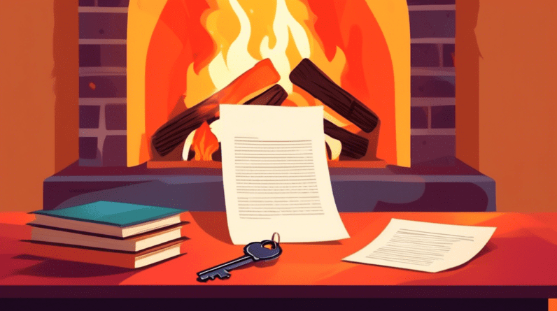 A contract burning in a fireplace with a key sitting on the mantle above it.