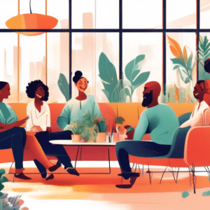 A diverse group of people laughing and collaborating together in a bright, plant-filled office with large windows and comfortable furniture.