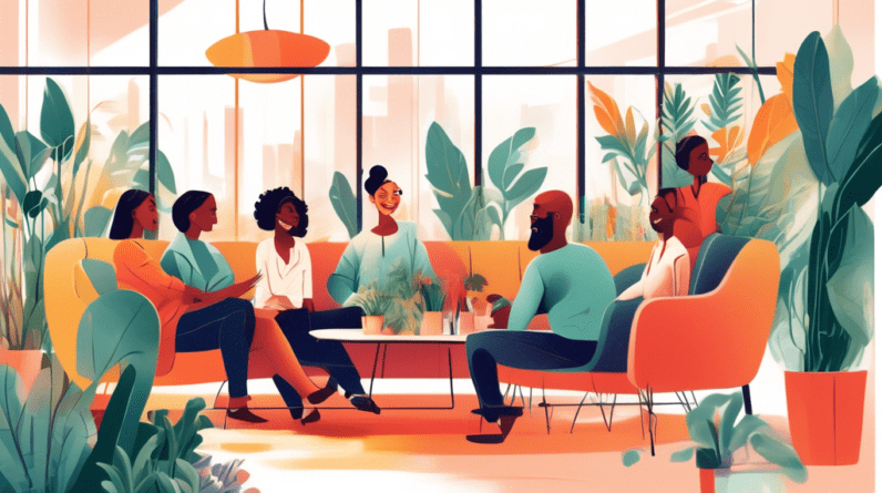 A diverse group of people laughing and collaborating together in a bright, plant-filled office with large windows and comfortable furniture.