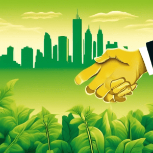 A golden business handshake inside a green growing plant, with a city skyline in the background.