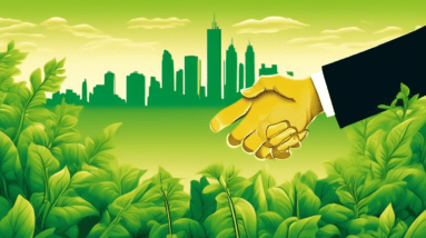 A golden business handshake inside a green growing plant, with a city skyline in the background.