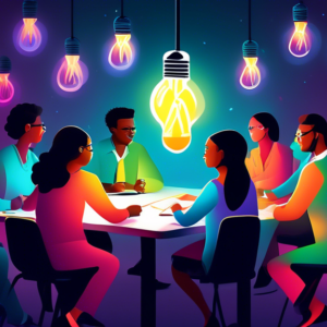 A diverse group of employees collaborating and problem solving around a table, with glowing light bulbs appearing above their heads, symbolizing learning and growth.