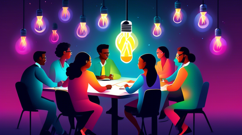 A diverse group of employees collaborating and problem solving around a table, with glowing light bulbs appearing above their heads, symbolizing learning and growth.