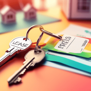 A key with a Lease Option tag sits on a contract next to another key with a Rent-to-Own tag, both in front of a blurry background of houses.