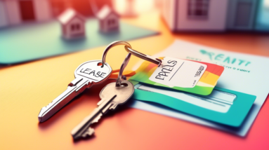 A key with a Lease Option tag sits on a contract next to another key with a Rent-to-Own tag, both in front of a blurry background of houses.