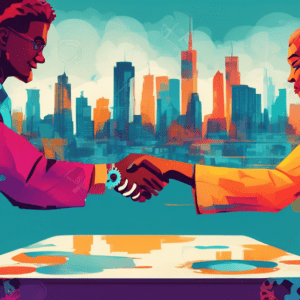 Two people shaking hands across a table with a city skyline in the background and gears turning around them.