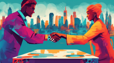 Two people shaking hands across a table with a city skyline in the background and gears turning around them.