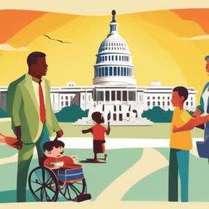 A family receiving keys to their new home with a government representative shaking hands in the foreground and a silhouette of the US Capitol building in the background.