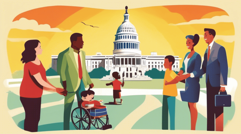 A family receiving keys to their new home with a government representative shaking hands in the foreground and a silhouette of the US Capitol building in the background.