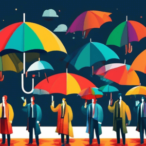 A rocket ship launching upwards, guided by a diverse team of people with different colored umbrellas representing various management styles.