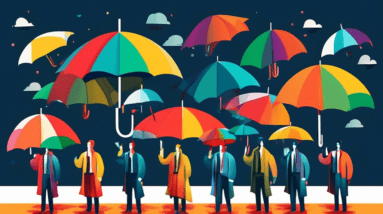 A rocket ship launching upwards, guided by a diverse team of people with different colored umbrellas representing various management styles.