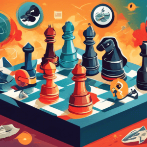 A chessboard with startup company logos as pieces, a magnifying glass analyzing their strengths and weaknesses, surrounded by illustrations of opportunities like rockets and threats like storm clouds.