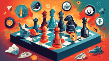 A chessboard with startup company logos as pieces, a magnifying glass analyzing their strengths and weaknesses, surrounded by illustrations of opportunities like rockets and threats like storm clouds.