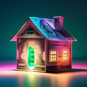 A key unlocking a miniature house made of money with a glowing light inside.