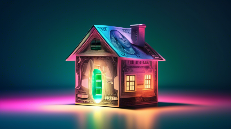 A key unlocking a miniature house made of money with a glowing light inside.